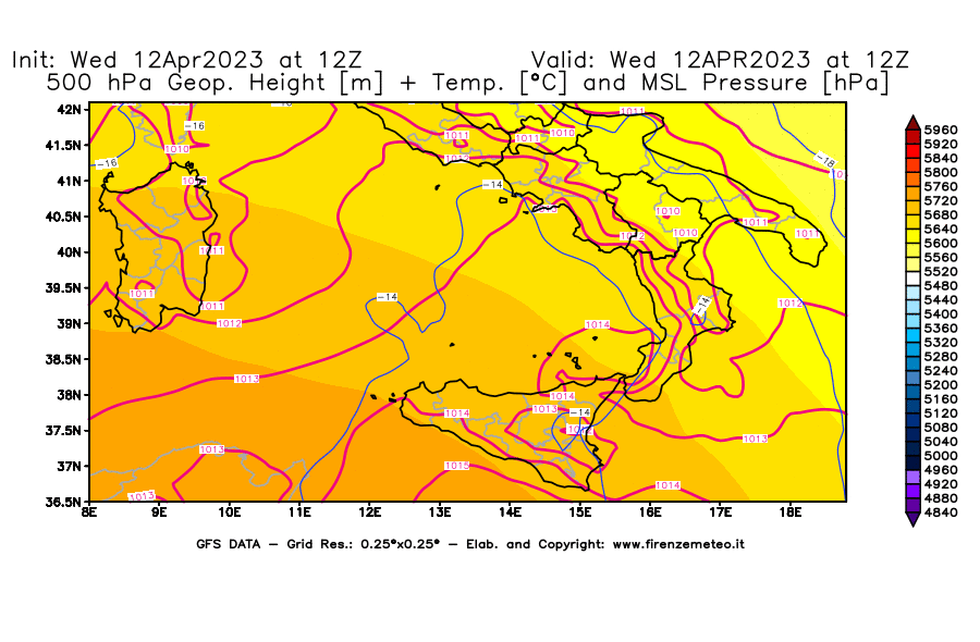GFS analysi map - Geopotential [m] + Temp. [°C] at 500 hPa + Sea Level Pressure [hPa] in Southern Italy
									on 12/04/2023 12 <!--googleoff: index-->UTC<!--googleon: index-->