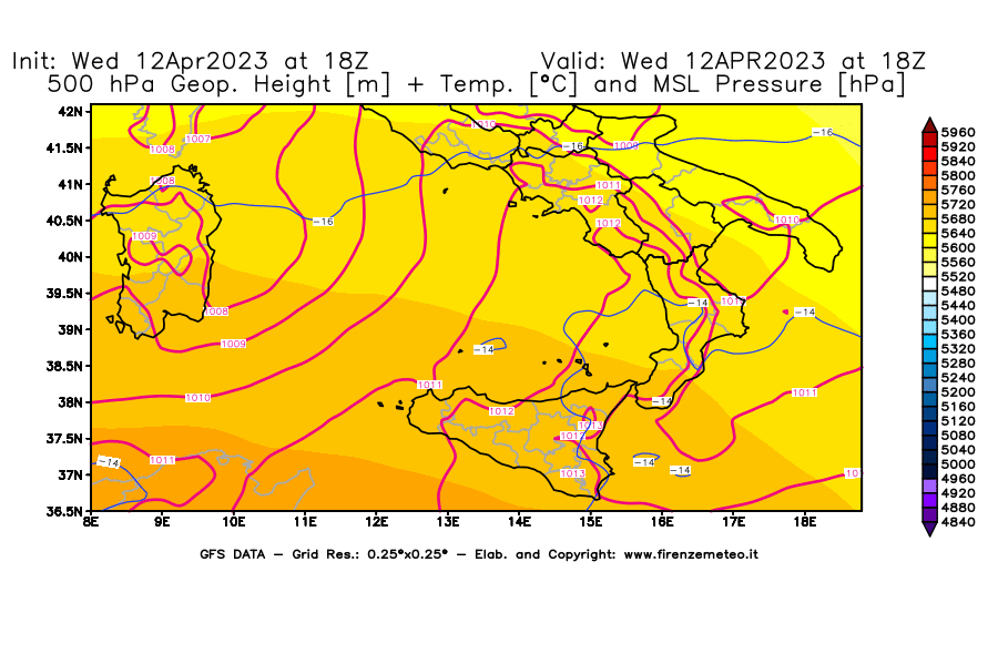 GFS analysi map - Geopotential [m] + Temp. [°C] at 500 hPa + Sea Level Pressure [hPa] in Southern Italy
									on 12/04/2023 18 <!--googleoff: index-->UTC<!--googleon: index-->