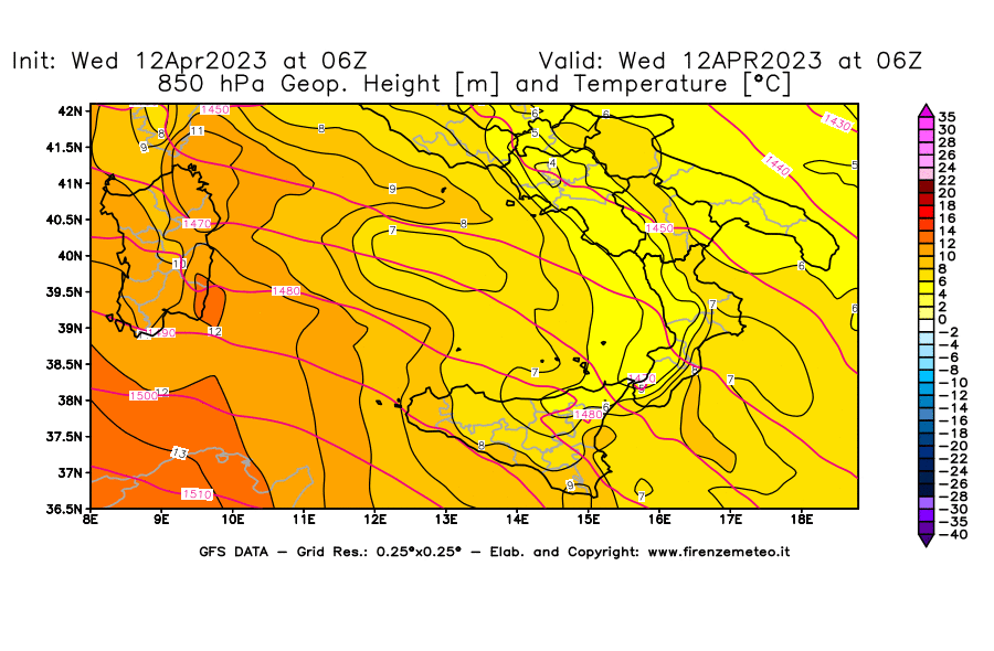 GFS analysi map - Geopotential [m] and Temperature [°C] at 850 hPa in Southern Italy
									on 12/04/2023 06 <!--googleoff: index-->UTC<!--googleon: index-->