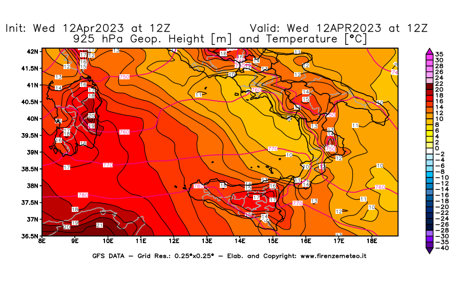 GFS analysi map - Geopotential [m] and Temperature [°C] at 925 hPa in Southern Italy
									on 12/04/2023 12 <!--googleoff: index-->UTC<!--googleon: index-->