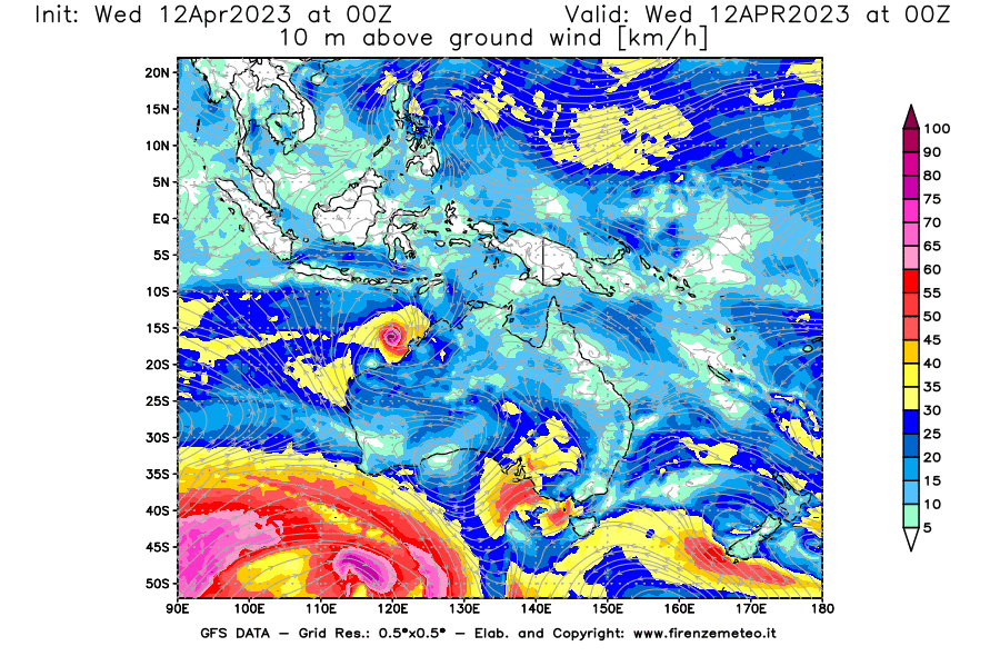 GFS analysi map - Wind Speed at 10 m above ground [km/h] in Oceania
									on 12/04/2023 00 <!--googleoff: index-->UTC<!--googleon: index-->