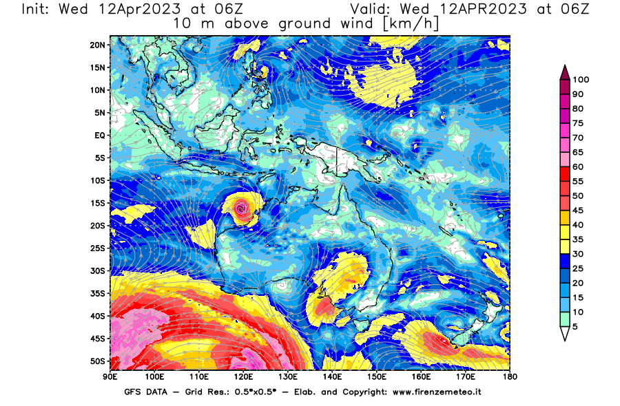GFS analysi map - Wind Speed at 10 m above ground [km/h] in Oceania
									on 12/04/2023 06 <!--googleoff: index-->UTC<!--googleon: index-->