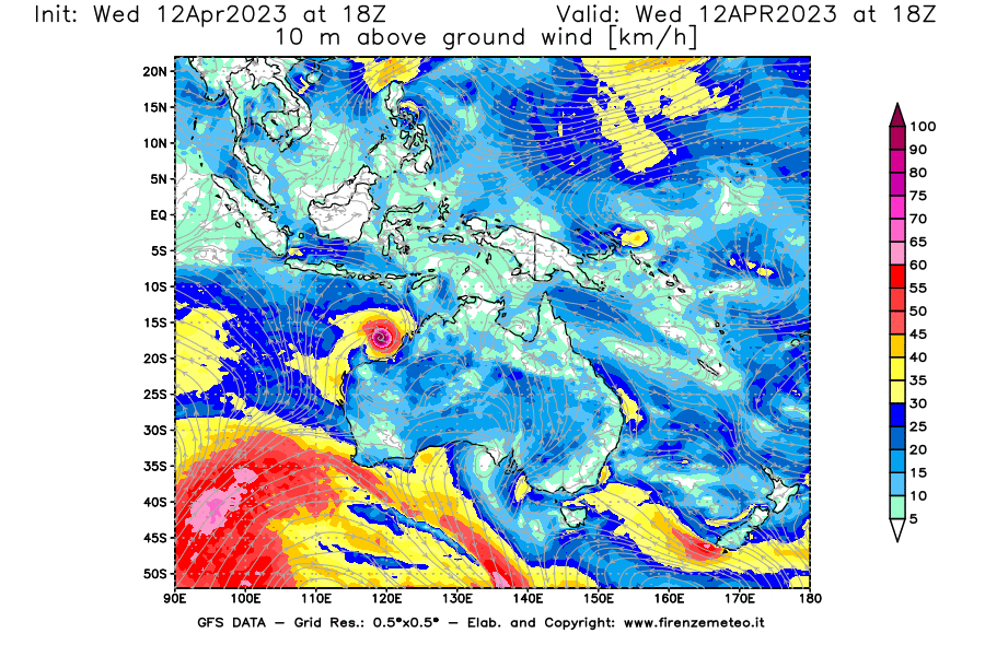 GFS analysi map - Wind Speed at 10 m above ground [km/h] in Oceania
									on 12/04/2023 18 <!--googleoff: index-->UTC<!--googleon: index-->