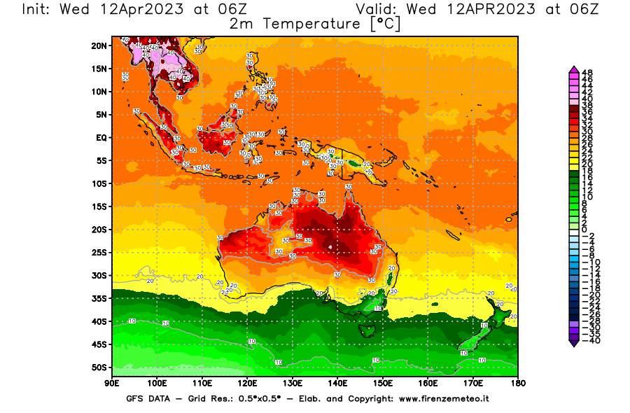 GFS analysi map - Temperature at 2 m above ground [°C] in Oceania
									on 12/04/2023 06 <!--googleoff: index-->UTC<!--googleon: index-->