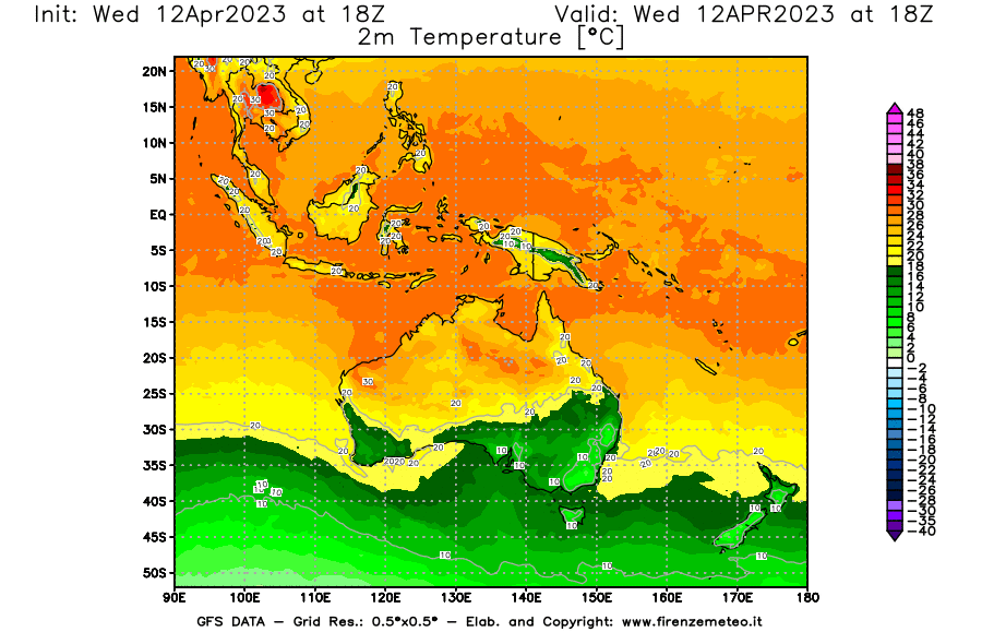 GFS analysi map - Temperature at 2 m above ground [°C] in Oceania
									on 12/04/2023 18 <!--googleoff: index-->UTC<!--googleon: index-->