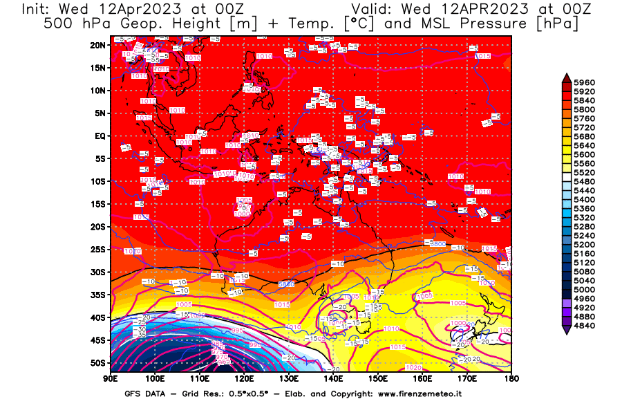 GFS analysi map - Geopotential [m] + Temp. [°C] at 500 hPa + Sea Level Pressure [hPa] in Oceania
									on 12/04/2023 00 <!--googleoff: index-->UTC<!--googleon: index-->