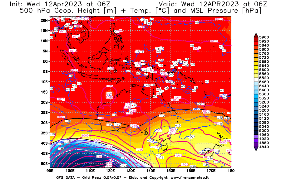 GFS analysi map - Geopotential [m] + Temp. [°C] at 500 hPa + Sea Level Pressure [hPa] in Oceania
									on 12/04/2023 06 <!--googleoff: index-->UTC<!--googleon: index-->