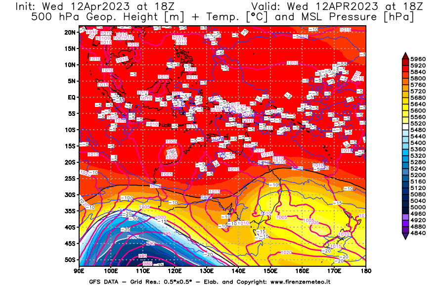 GFS analysi map - Geopotential [m] + Temp. [°C] at 500 hPa + Sea Level Pressure [hPa] in Oceania
									on 12/04/2023 18 <!--googleoff: index-->UTC<!--googleon: index-->