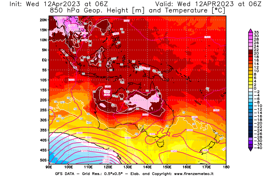 GFS analysi map - Geopotential [m] and Temperature [°C] at 850 hPa in Oceania
									on 12/04/2023 06 <!--googleoff: index-->UTC<!--googleon: index-->