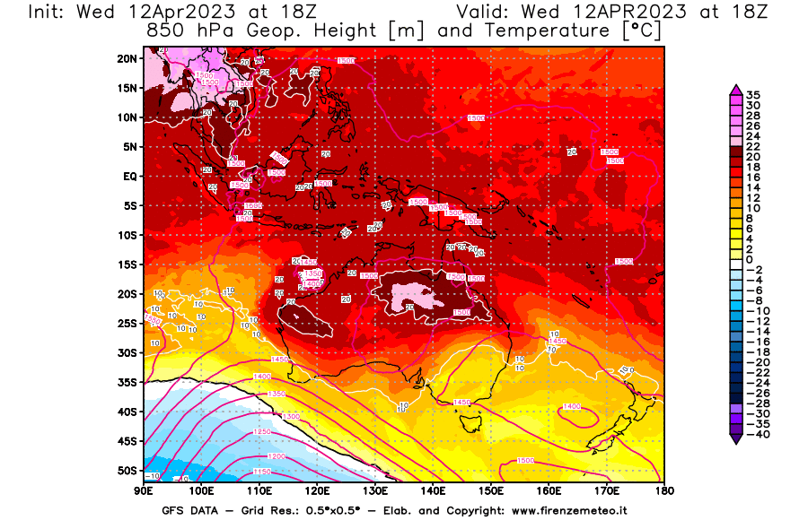 GFS analysi map - Geopotential [m] and Temperature [°C] at 850 hPa in Oceania
									on 12/04/2023 18 <!--googleoff: index-->UTC<!--googleon: index-->