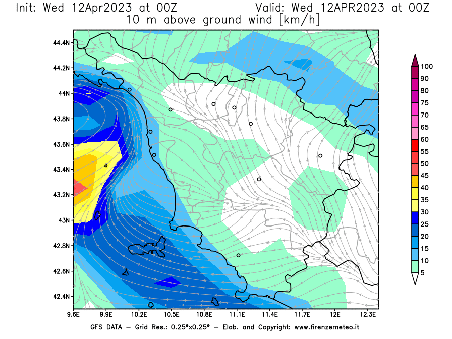 GFS analysi map - Wind Speed at 10 m above ground [km/h] in Tuscany
									on 12/04/2023 00 <!--googleoff: index-->UTC<!--googleon: index-->