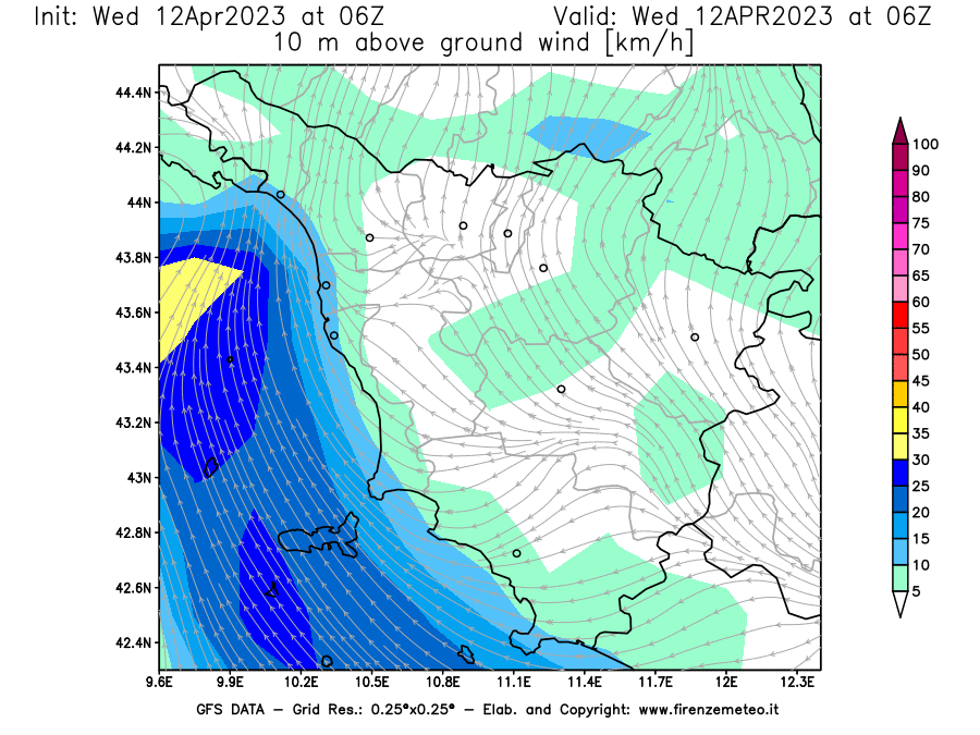 GFS analysi map - Wind Speed at 10 m above ground [km/h] in Tuscany
									on 12/04/2023 06 <!--googleoff: index-->UTC<!--googleon: index-->