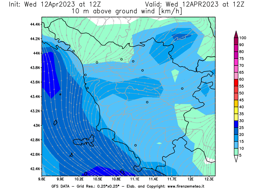 GFS analysi map - Wind Speed at 10 m above ground [km/h] in Tuscany
									on 12/04/2023 12 <!--googleoff: index-->UTC<!--googleon: index-->
