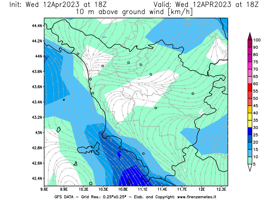 GFS analysi map - Wind Speed at 10 m above ground [km/h] in Tuscany
									on 12/04/2023 18 <!--googleoff: index-->UTC<!--googleon: index-->