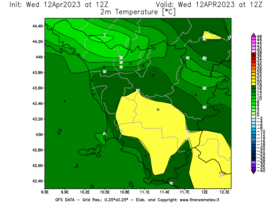 GFS analysi map - Temperature at 2 m above ground [°C] in Tuscany
									on 12/04/2023 12 <!--googleoff: index-->UTC<!--googleon: index-->