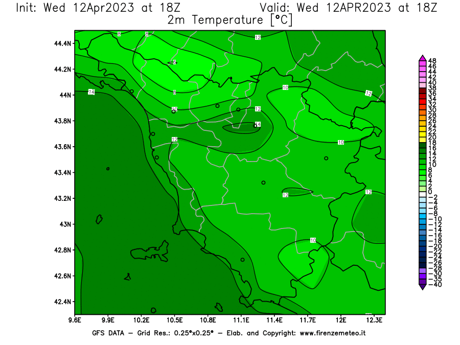 GFS analysi map - Temperature at 2 m above ground [°C] in Tuscany
									on 12/04/2023 18 <!--googleoff: index-->UTC<!--googleon: index-->