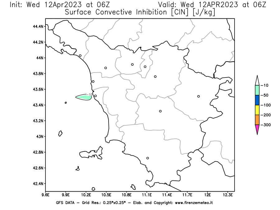 GFS analysi map - CIN [J/kg] in Tuscany
									on 12/04/2023 06 <!--googleoff: index-->UTC<!--googleon: index-->