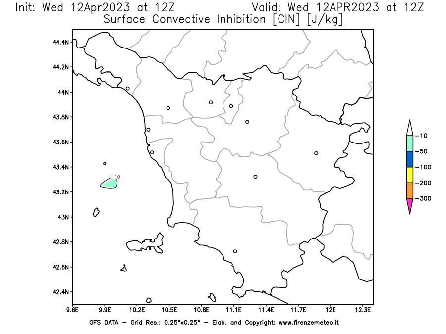 GFS analysi map - CIN [J/kg] in Tuscany
									on 12/04/2023 12 <!--googleoff: index-->UTC<!--googleon: index-->