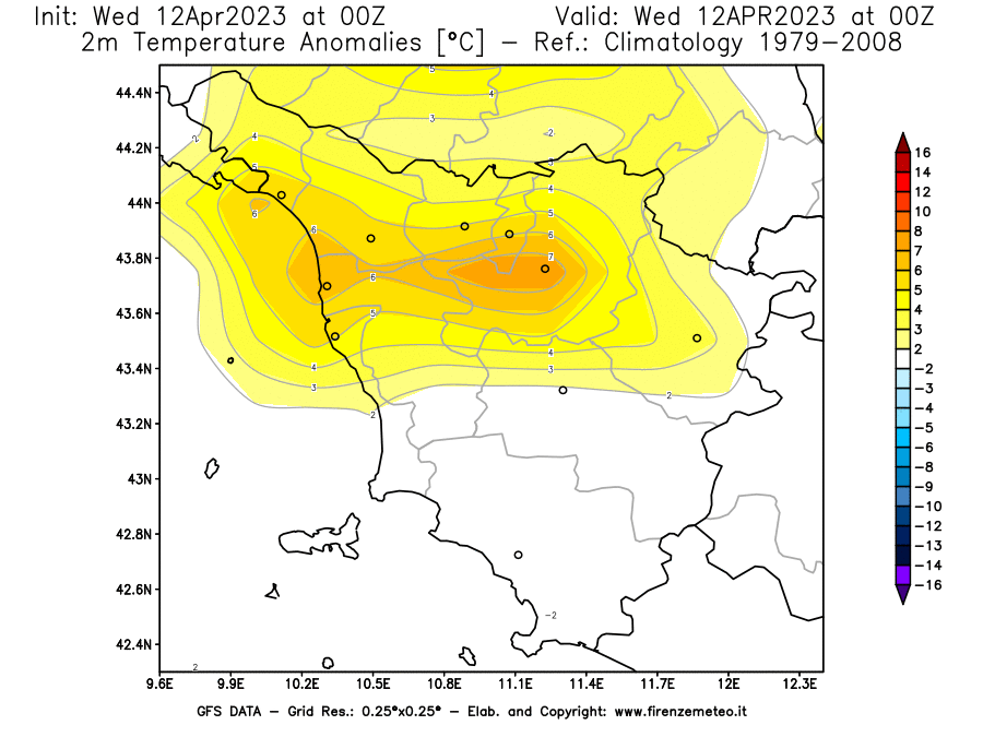 GFS analysi map - Temperature Anomalies [°C] at 2 m in Tuscany
									on 12/04/2023 00 <!--googleoff: index-->UTC<!--googleon: index-->