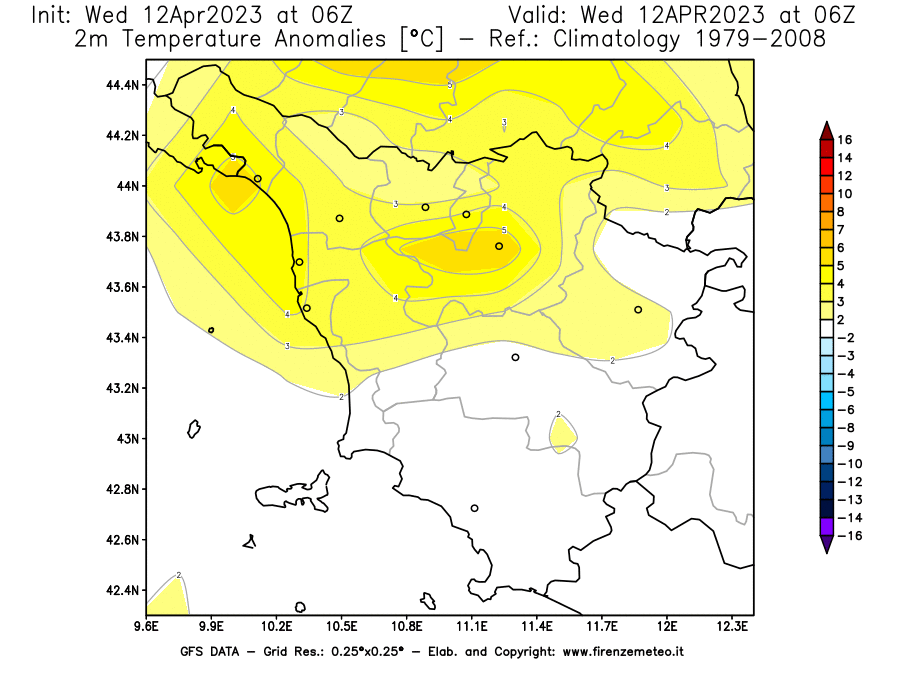 GFS analysi map - Temperature Anomalies [°C] at 2 m in Tuscany
									on 12/04/2023 06 <!--googleoff: index-->UTC<!--googleon: index-->