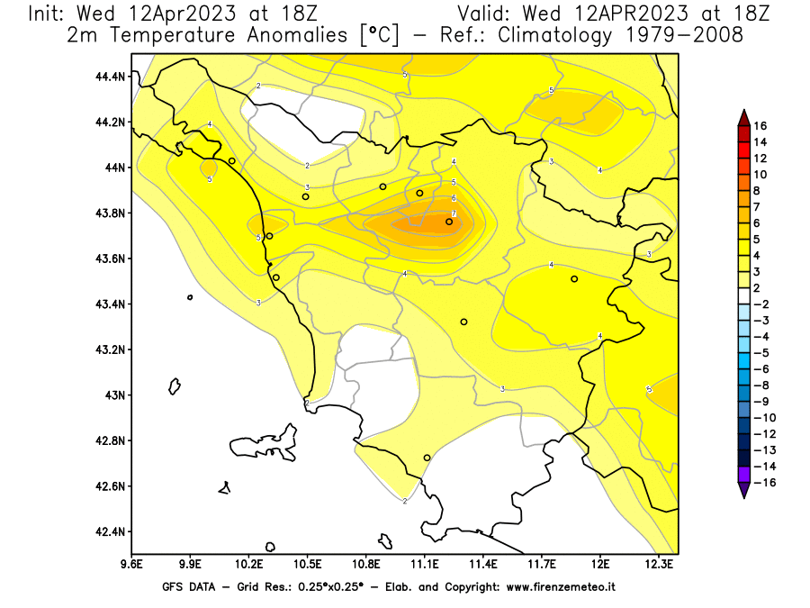 GFS analysi map - Temperature Anomalies [°C] at 2 m in Tuscany
									on 12/04/2023 18 <!--googleoff: index-->UTC<!--googleon: index-->