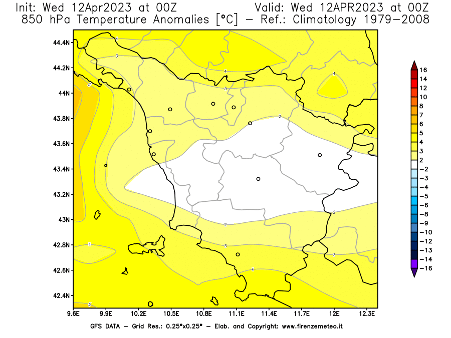 GFS analysi map - Temperature Anomalies [°C] at 850 hPa in Tuscany
									on 12/04/2023 00 <!--googleoff: index-->UTC<!--googleon: index-->