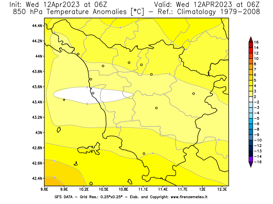 GFS analysi map - Temperature Anomalies [°C] at 850 hPa in Tuscany
									on 12/04/2023 06 <!--googleoff: index-->UTC<!--googleon: index-->