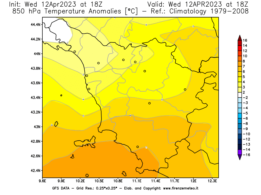GFS analysi map - Temperature Anomalies [°C] at 850 hPa in Tuscany
									on 12/04/2023 18 <!--googleoff: index-->UTC<!--googleon: index-->