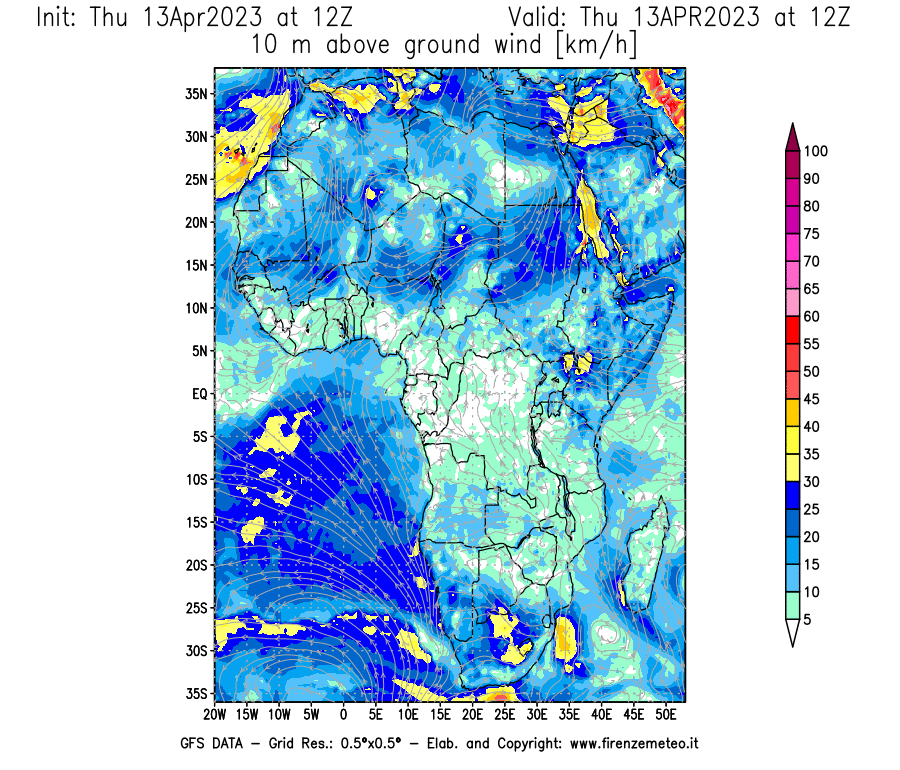 Mappa di analisi GFS - Velocità del vento a 10 metri dal suolo [km/h] in Africa
							del 13/04/2023 12 <!--googleoff: index-->UTC<!--googleon: index-->