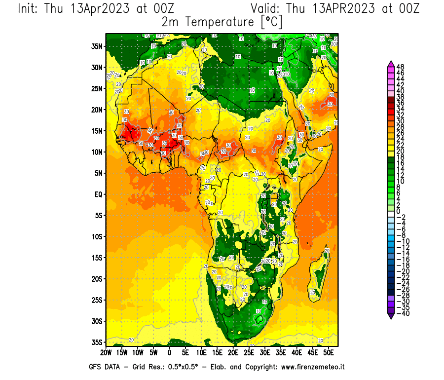 Mappa di analisi GFS - Temperatura a 2 metri dal suolo [°C] in Africa
							del 13/04/2023 00 <!--googleoff: index-->UTC<!--googleon: index-->