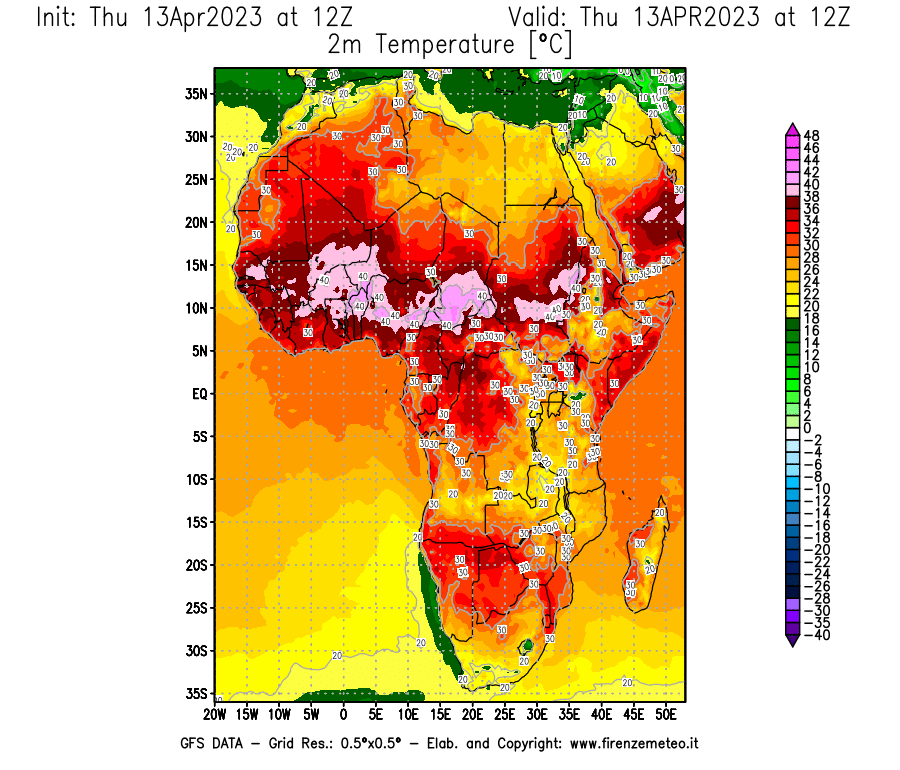 Mappa di analisi GFS - Temperatura a 2 metri dal suolo [°C] in Africa
							del 13/04/2023 12 <!--googleoff: index-->UTC<!--googleon: index-->