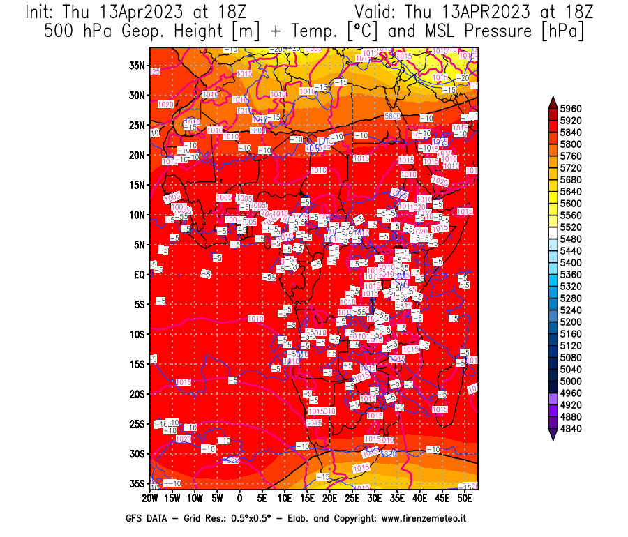 GFS analysi map - Geopotential [m] + Temp. [°C] at 500 hPa + Sea Level Pressure [hPa] in Africa
									on 13/04/2023 18 <!--googleoff: index-->UTC<!--googleon: index-->