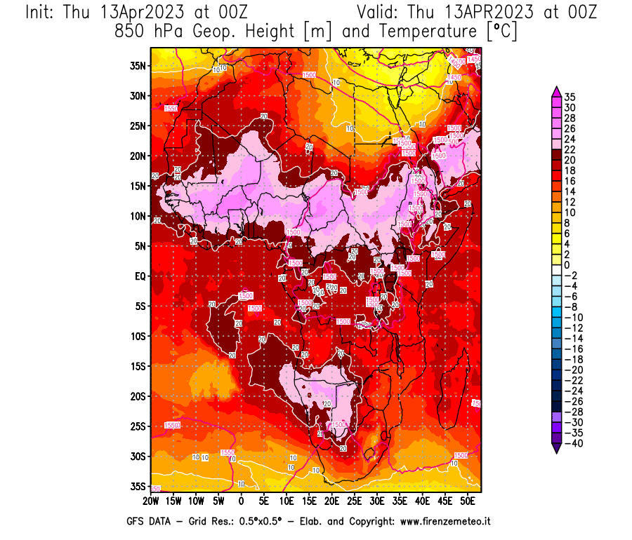 Mappa di analisi GFS - Geopotenziale [m] e Temperatura [°C] a 850 hPa in Africa
							del 13/04/2023 00 <!--googleoff: index-->UTC<!--googleon: index-->