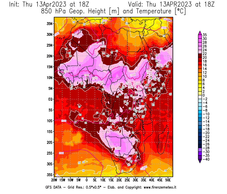 GFS analysi map - Geopotential [m] and Temperature [°C] at 850 hPa in Africa
									on 13/04/2023 18 <!--googleoff: index-->UTC<!--googleon: index-->