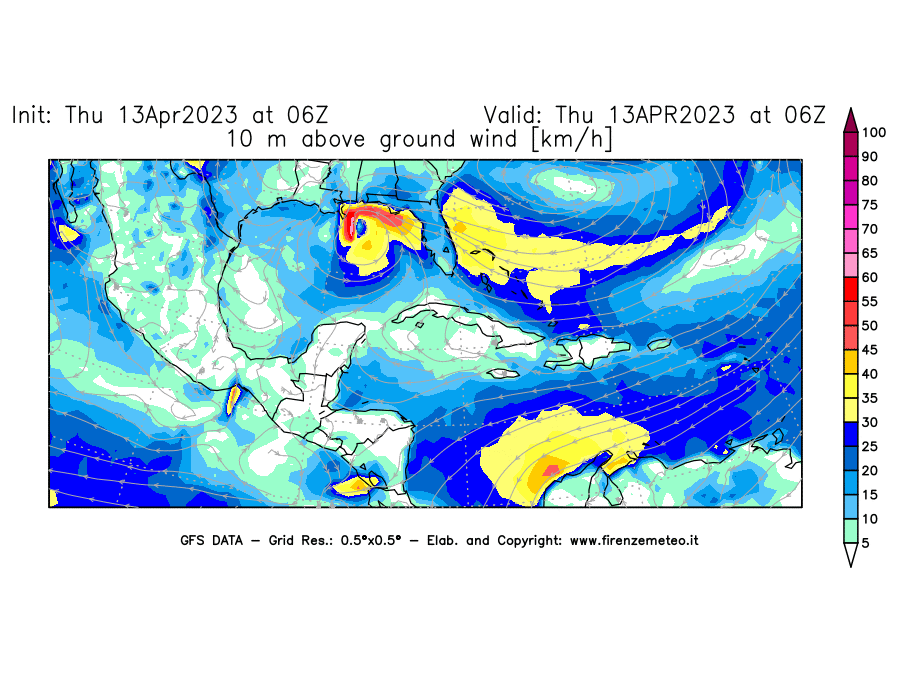 GFS analysi map - Wind Speed at 10 m above ground [km/h] in Central America
									on 13/04/2023 06 <!--googleoff: index-->UTC<!--googleon: index-->