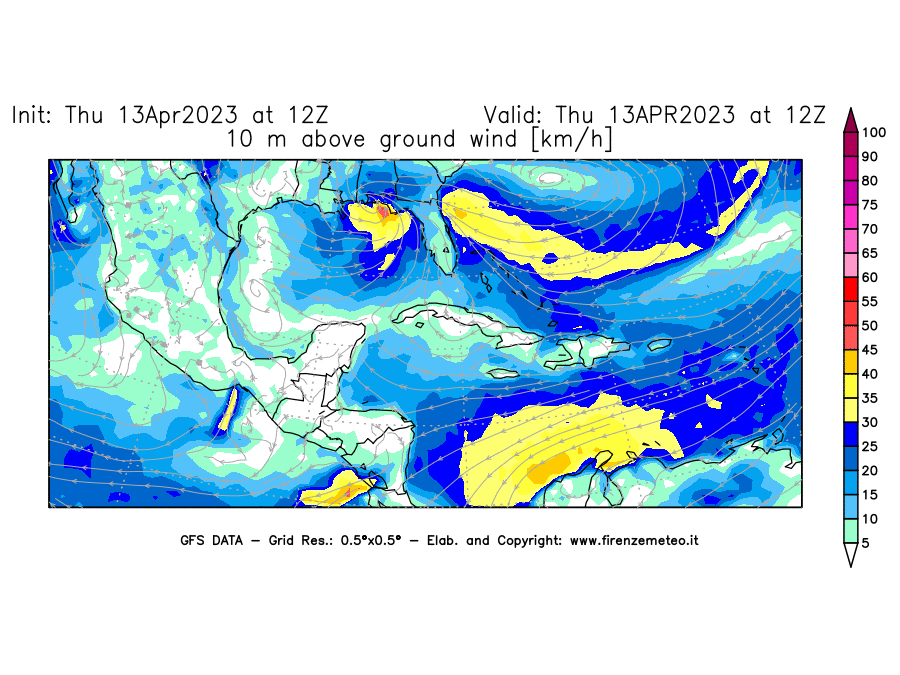 GFS analysi map - Wind Speed at 10 m above ground [km/h] in Central America
									on 13/04/2023 12 <!--googleoff: index-->UTC<!--googleon: index-->