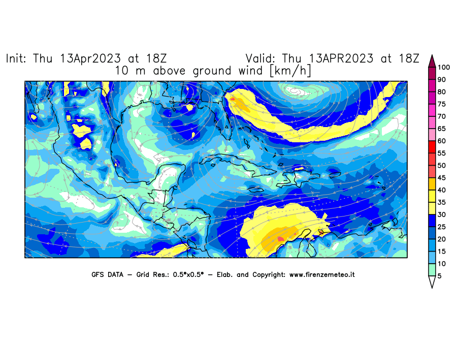 Mappa di analisi GFS - Velocità del vento a 10 metri dal suolo [km/h] in Centro-America
							del 13/04/2023 18 <!--googleoff: index-->UTC<!--googleon: index-->