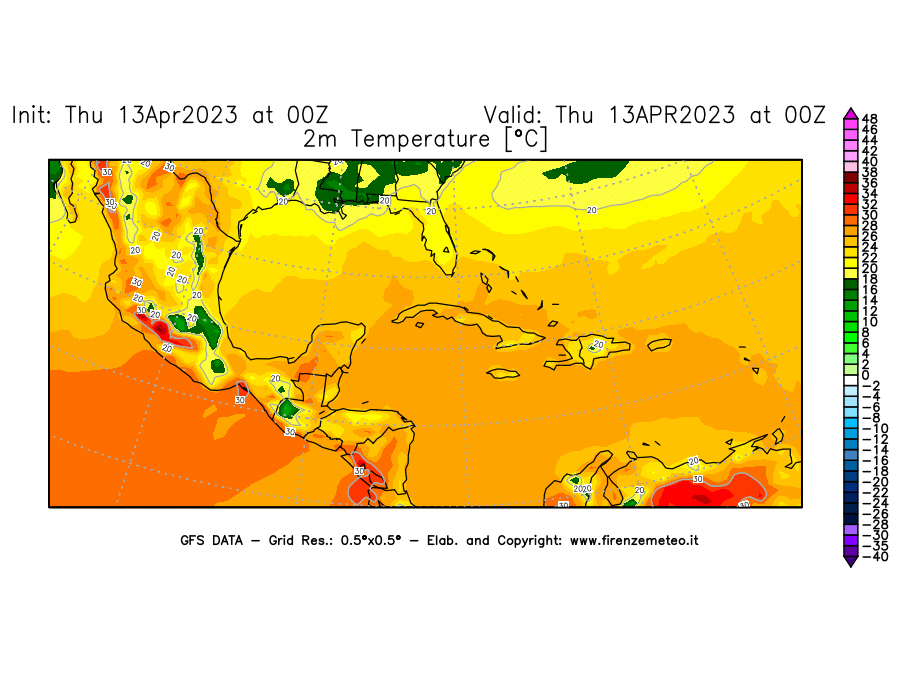 GFS analysi map - Temperature at 2 m above ground [°C] in Central America
									on 13/04/2023 00 <!--googleoff: index-->UTC<!--googleon: index-->
