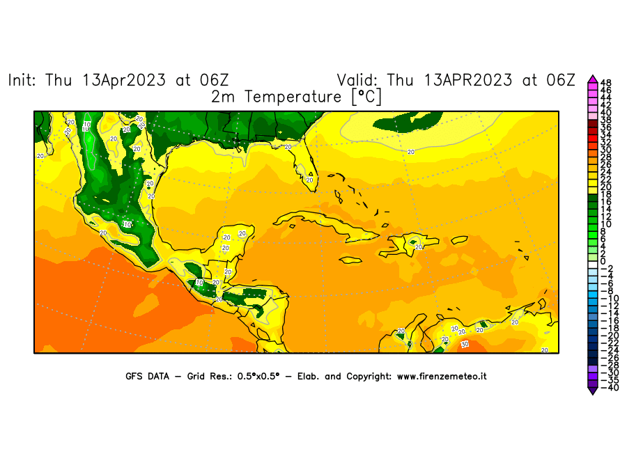 Mappa di analisi GFS - Temperatura a 2 metri dal suolo [°C] in Centro-America
							del 13/04/2023 06 <!--googleoff: index-->UTC<!--googleon: index-->