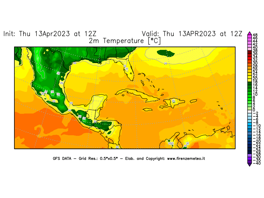 Mappa di analisi GFS - Temperatura a 2 metri dal suolo [°C] in Centro-America
							del 13/04/2023 12 <!--googleoff: index-->UTC<!--googleon: index-->
