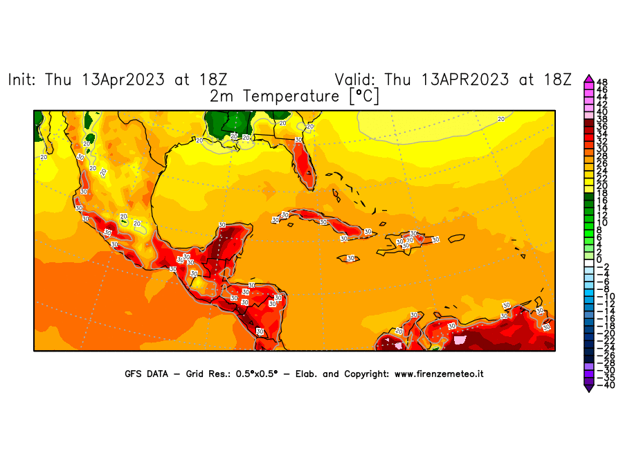 GFS analysi map - Temperature at 2 m above ground [°C] in Central America
									on 13/04/2023 18 <!--googleoff: index-->UTC<!--googleon: index-->