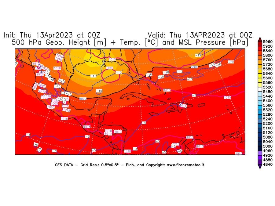 GFS analysi map - Geopotential [m] + Temp. [°C] at 500 hPa + Sea Level Pressure [hPa] in Central America
									on 13/04/2023 00 <!--googleoff: index-->UTC<!--googleon: index-->