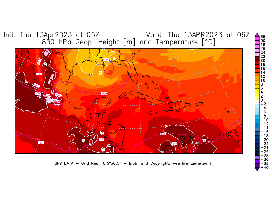 Mappa di analisi GFS - Geopotenziale [m] e Temperatura [°C] a 850 hPa in Centro-America
							del 13/04/2023 06 <!--googleoff: index-->UTC<!--googleon: index-->