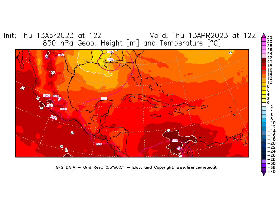 Mappa di analisi GFS - Geopotenziale [m] e Temperatura [°C] a 850 hPa in Centro-America
							del 13/04/2023 12 <!--googleoff: index-->UTC<!--googleon: index-->