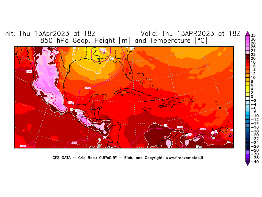 GFS analysi map - Geopotential [m] and Temperature [°C] at 850 hPa in Central America
									on 13/04/2023 18 <!--googleoff: index-->UTC<!--googleon: index-->