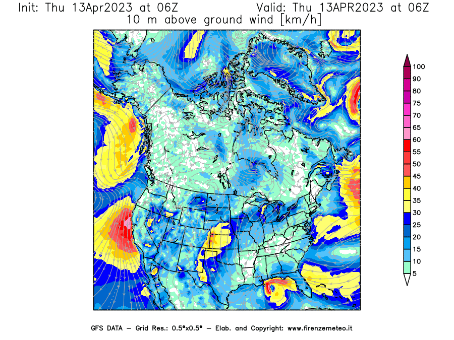 Mappa di analisi GFS - Velocità del vento a 10 metri dal suolo [km/h] in Nord-America
							del 13/04/2023 06 <!--googleoff: index-->UTC<!--googleon: index-->