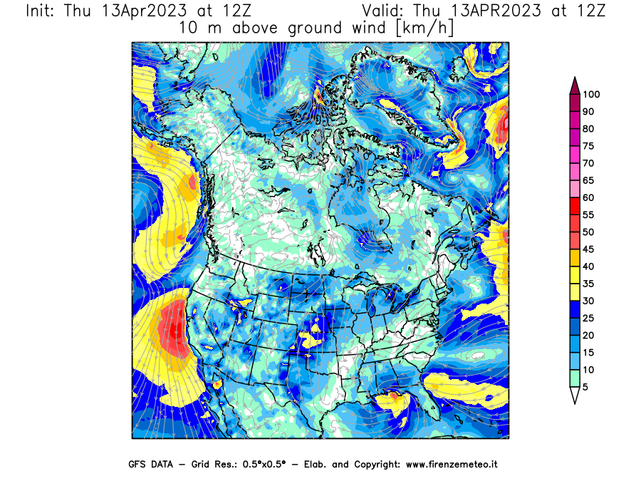 GFS analysi map - Wind Speed at 10 m above ground [km/h] in North America
									on 13/04/2023 12 <!--googleoff: index-->UTC<!--googleon: index-->