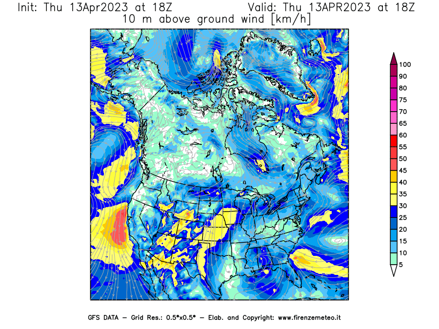 Mappa di analisi GFS - Velocità del vento a 10 metri dal suolo [km/h] in Nord-America
							del 13/04/2023 18 <!--googleoff: index-->UTC<!--googleon: index-->