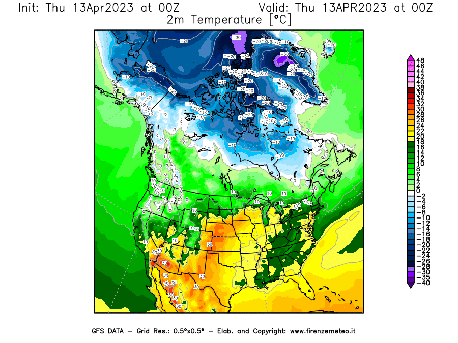 GFS analysi map - Temperature at 2 m above ground [°C] in North America
									on 13/04/2023 00 <!--googleoff: index-->UTC<!--googleon: index-->
