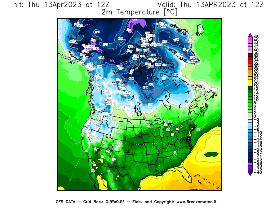 GFS analysi map - Temperature at 2 m above ground [°C] in North America
									on 13/04/2023 12 <!--googleoff: index-->UTC<!--googleon: index-->